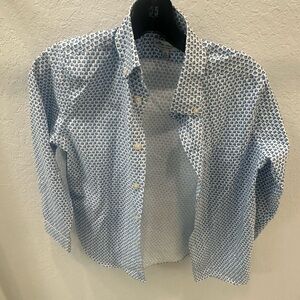 Peter Millar Blue and White golf cart pattern boys button down sz 9-10